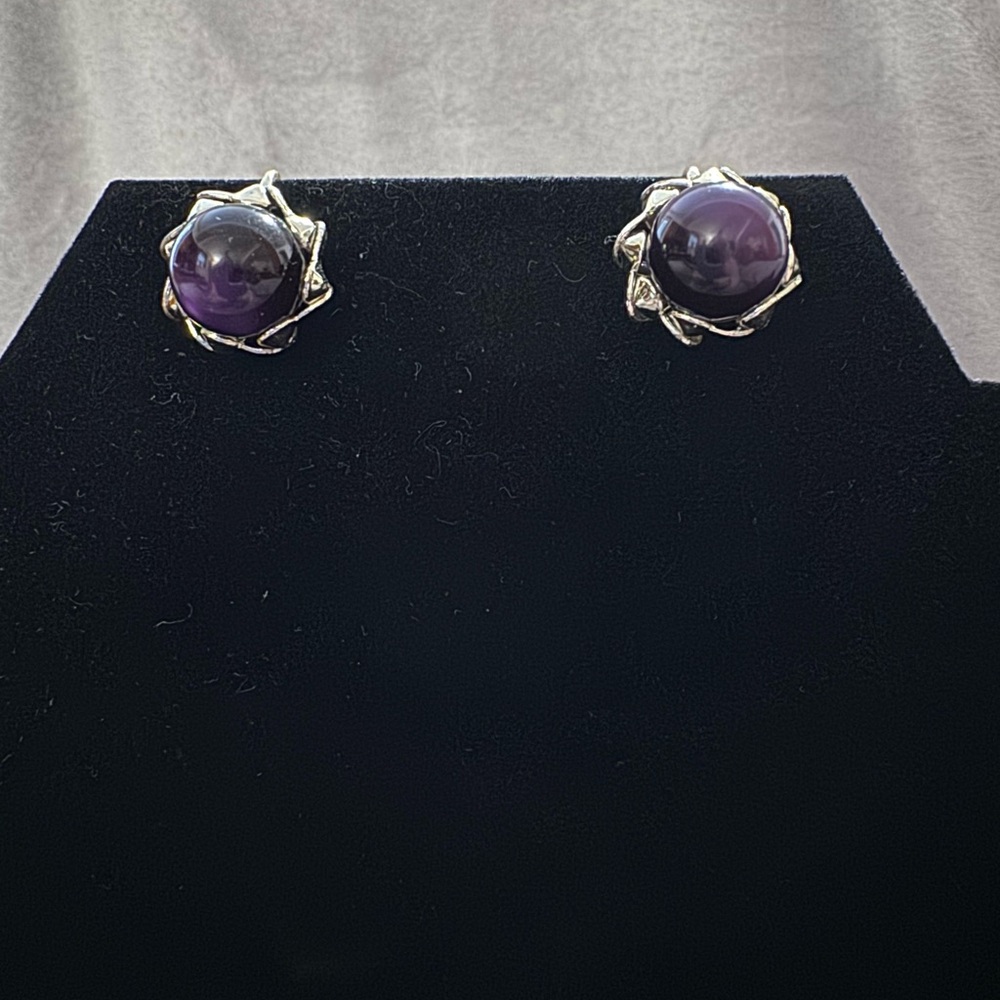 Elegant Silver Tone With Purple Bead Screw Back Earrings